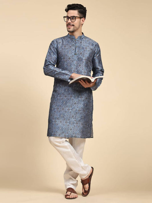 Grey Men's traditional sequins work & print cotton kurta with pajama