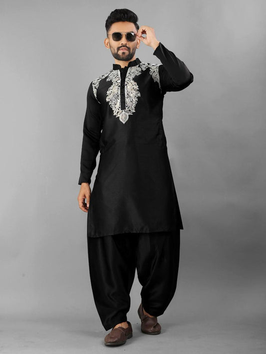 Jet Black Premium Men's Pathani Kurta with Pajama