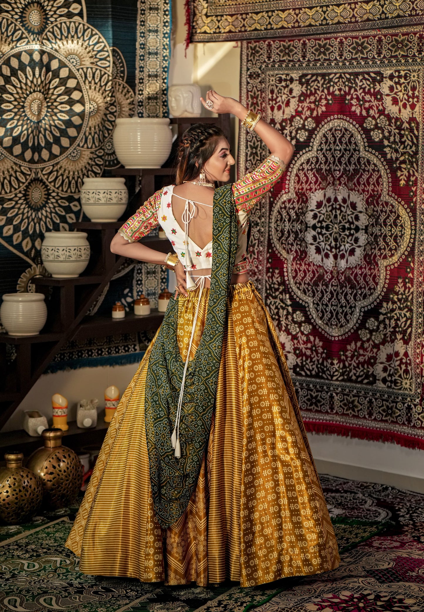 Vihangi- Mustard and green detailed print fully stitched lehenga