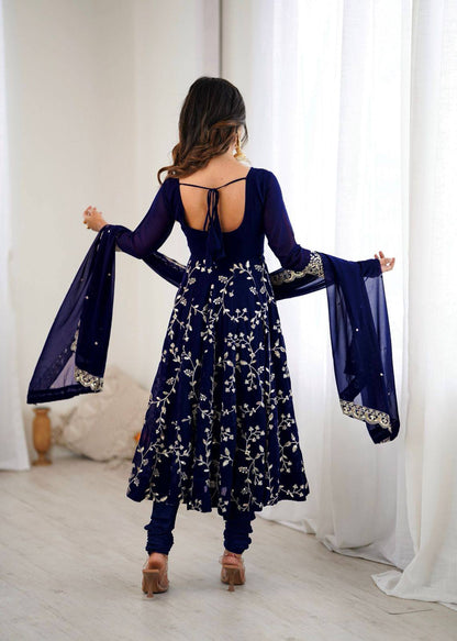 Preeva - Navy Blue Soft Georgette with Full Embroidery Gown Fully Stitched