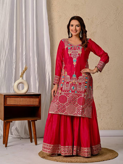 Cherry Pink Elegant Sharara Set Fully Stitched