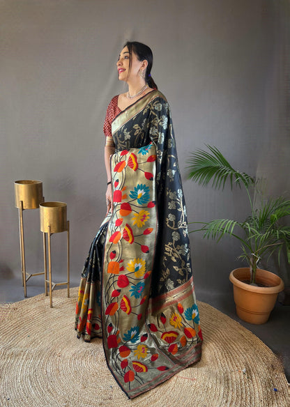 Suhani - Pure Paithai Silk Floral Weaved Saree with Stitched Blouse Options