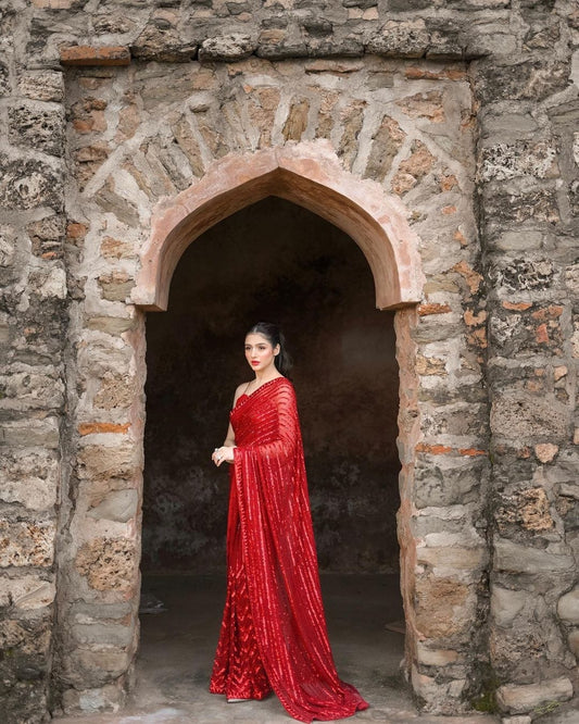 Rose Red bollywood style sequins saree with stitched blouse