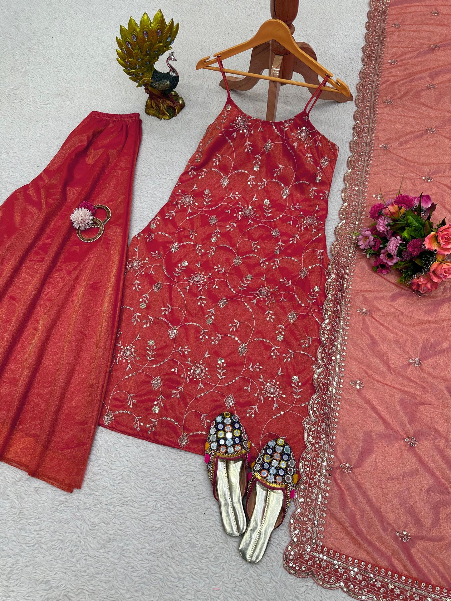 Orange fully stitched Sharara suit set