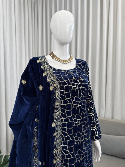 Navy Blue Velvet With Sequins Embroidered Fully Stitched Suit