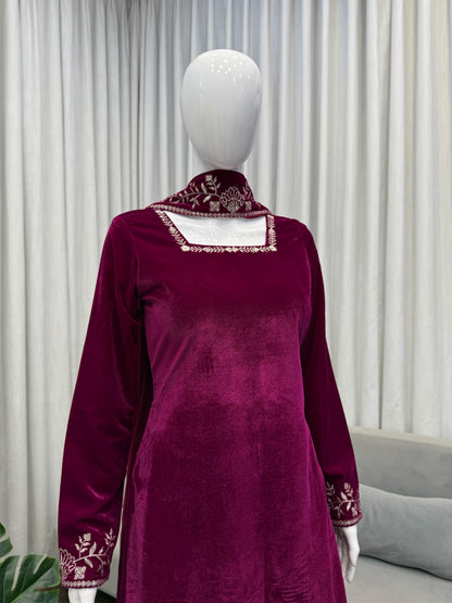 Premium Velvet with Minimal Beautiful Embroidery Fully Stitched Sharara Suit
