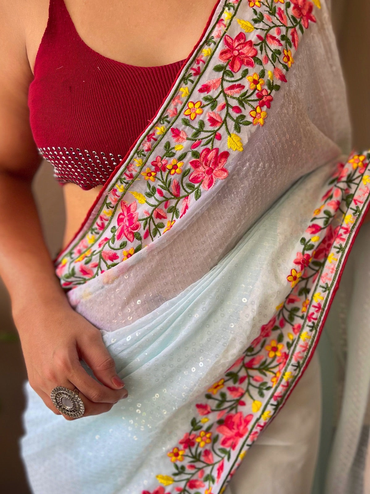 Pure georgette saree with sequence work all over saree with stitched blouse