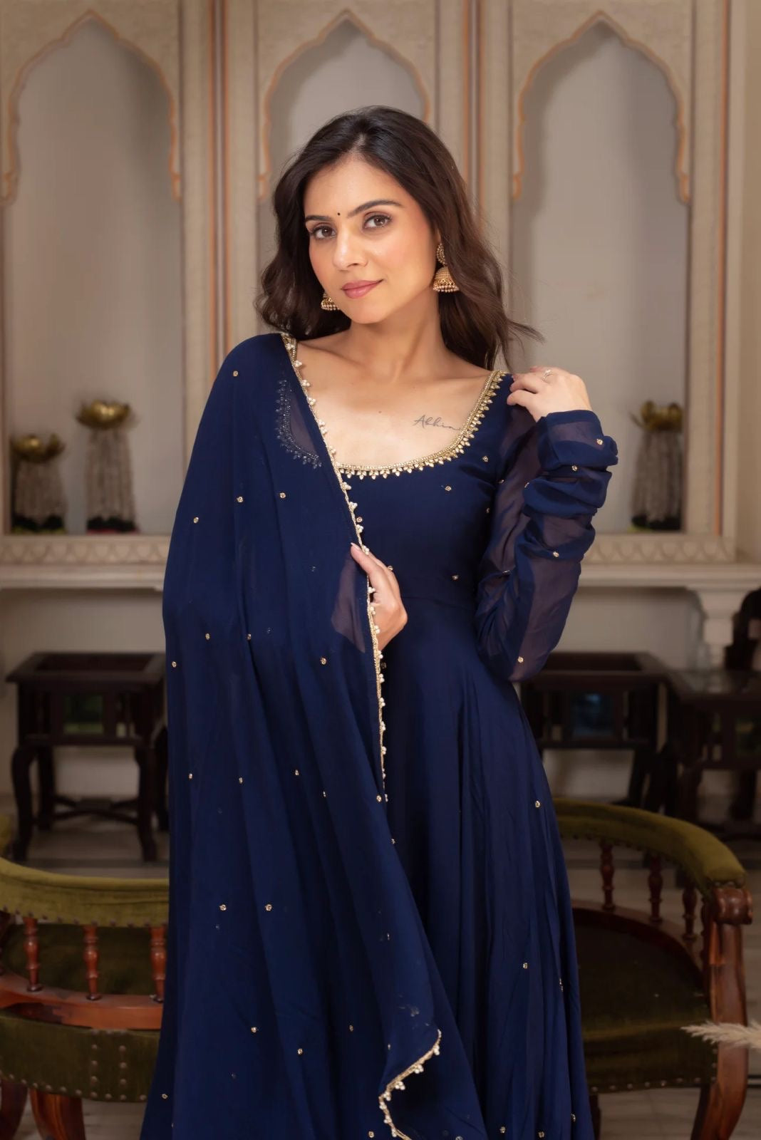 Beautiful Navy Blue Georgette Gown Fully Stitched
