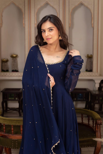 Beautiful Navy Blue Georgette Gown Fully Stitched