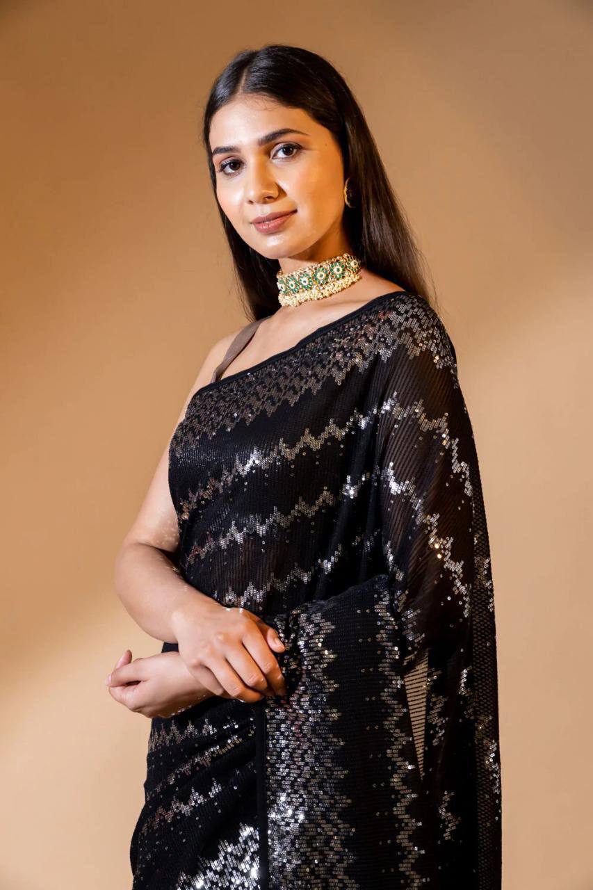 Bollywood style Pista & Black Sequence Saree with fully stitched blouse