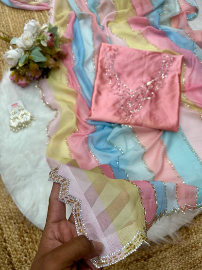 Multicoloured Rainbow Soft Silk Saree with Beautiful Crystal Work with Stitched Blouse Option