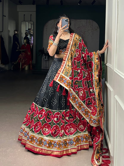 Varni - Beautiful Gamthi Work Printed Silk Chaniya Cholis Fully Stitched