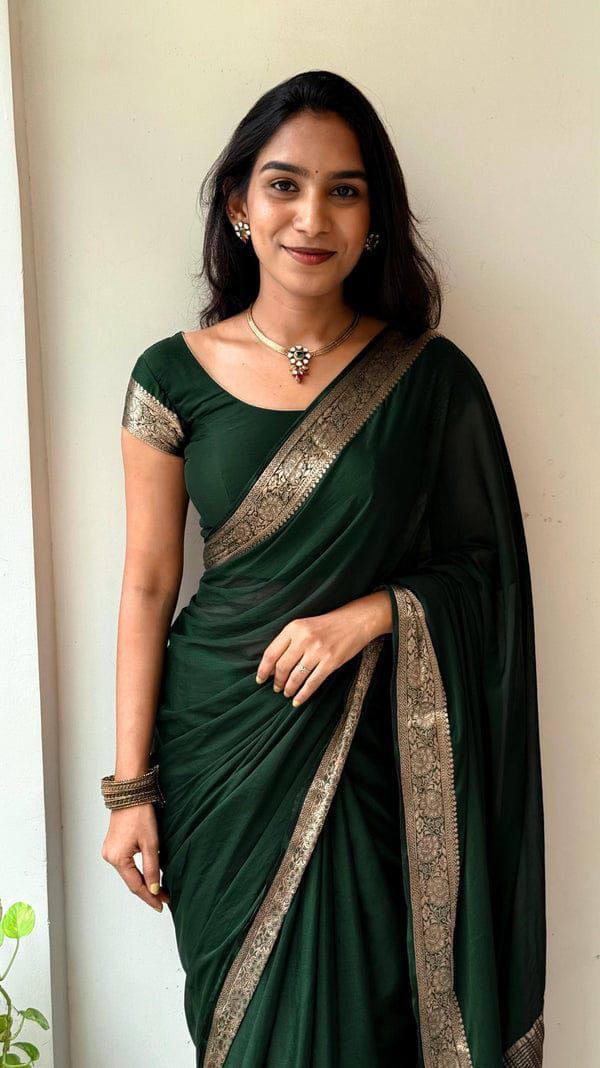 Vrinda - Soft Chinnon Silk Saree with Gold Zari Border & Stitched Blouse Options