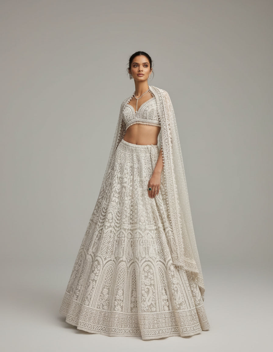 Woman in a white embroidered traditional outfit standing in front of a historic building.
