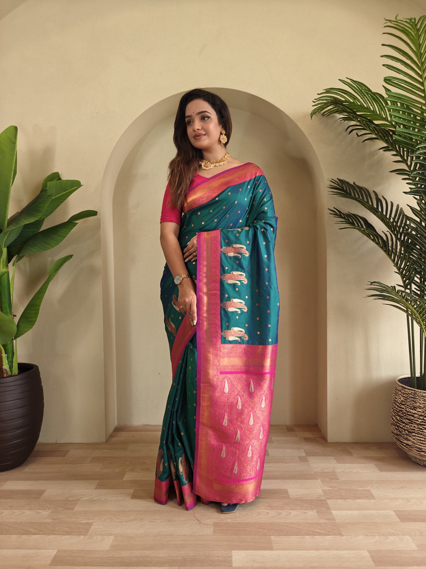 Pure Paithani Silk Saree with rich weaving with Stitched Blouse