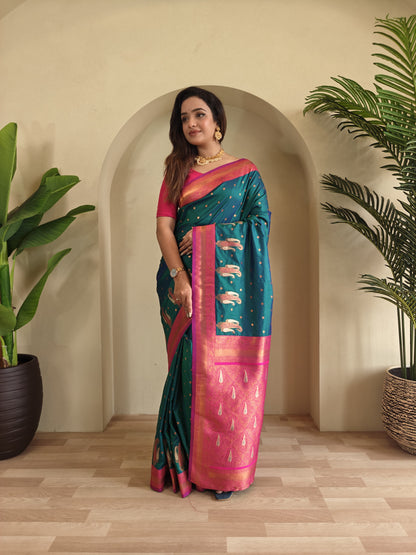 Pure Paithani Silk Saree with rich weaving with Stitched Blouse