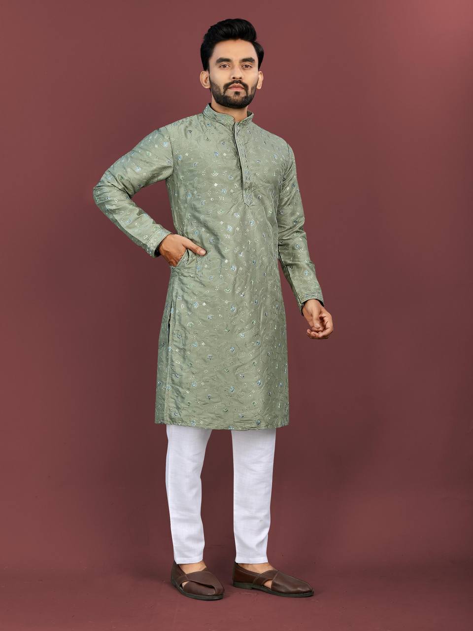 Men's Silk Fabric Floral Embroidered Kurta with Pajama