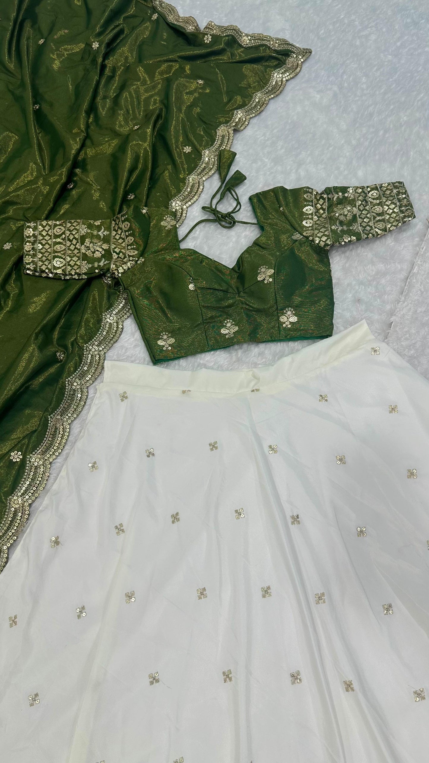 Saumya - Premium Green and White Silk Lehenga Fully Stitched