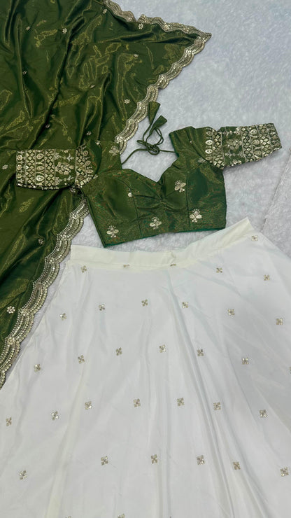 Saumya - Premium Green and White Silk Lehenga Fully Stitched