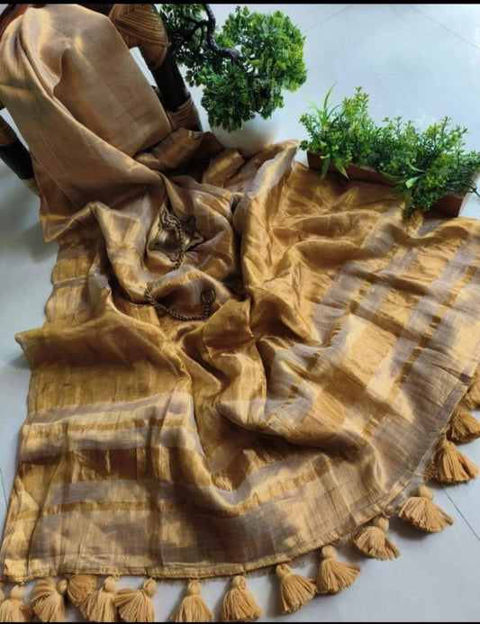 Rashmika - Premium Gold & Off White Linen Tissue Silk Saree with Stitched Blouse Options