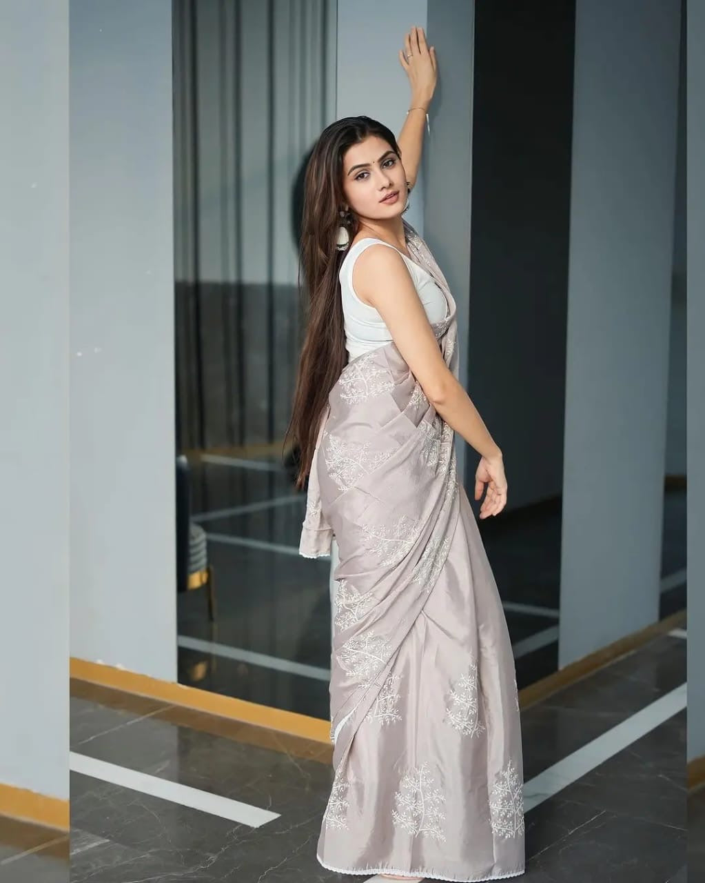 Soft Chinnon Silver grey saree with fully stitched blouse