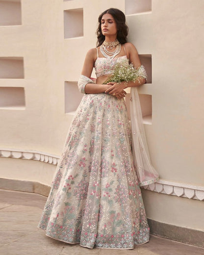 Premium Off White Floral Embroidered Fully Stitched Lehenga