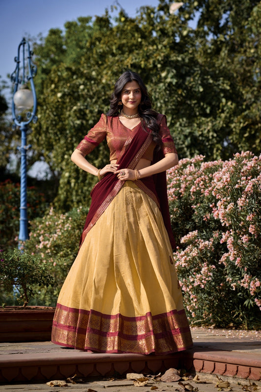 Cream Kanchipuram style premium fully stitched lehenga