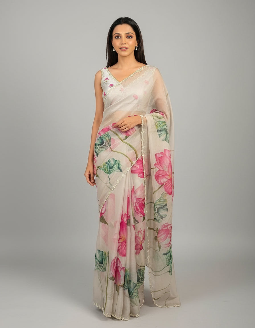 Woman wearing a floral saree in front of a mirror