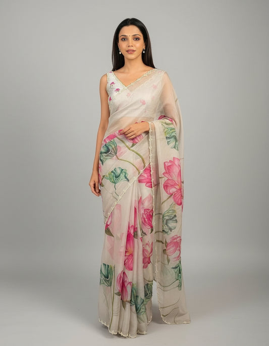 Woman wearing a floral saree in front of a mirror