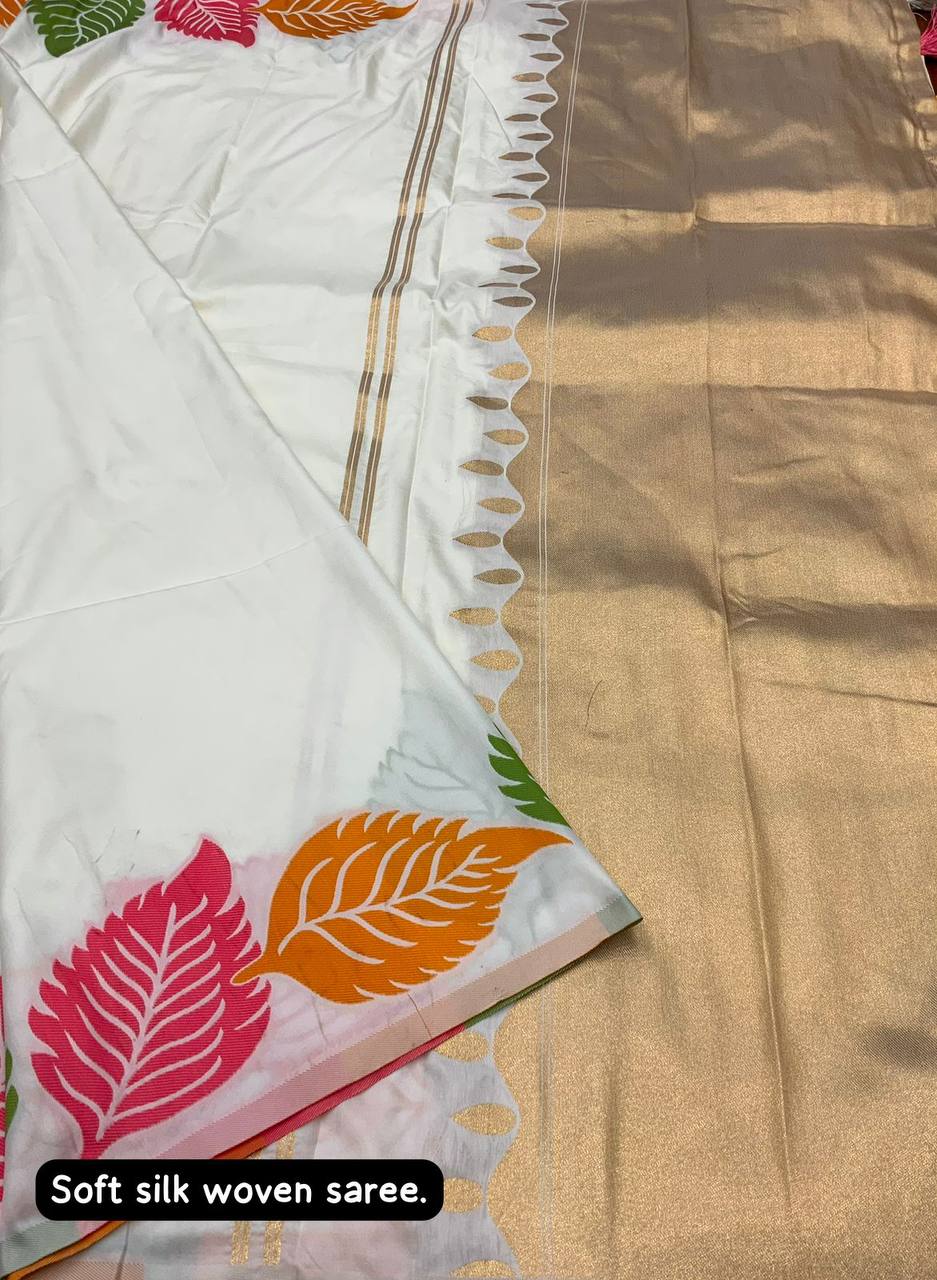 Soft silk leafy design saree with stitched blouse