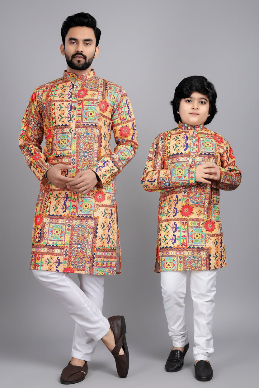 Man and child wearing colorful traditional outfits with a Venmer logo in the corner.