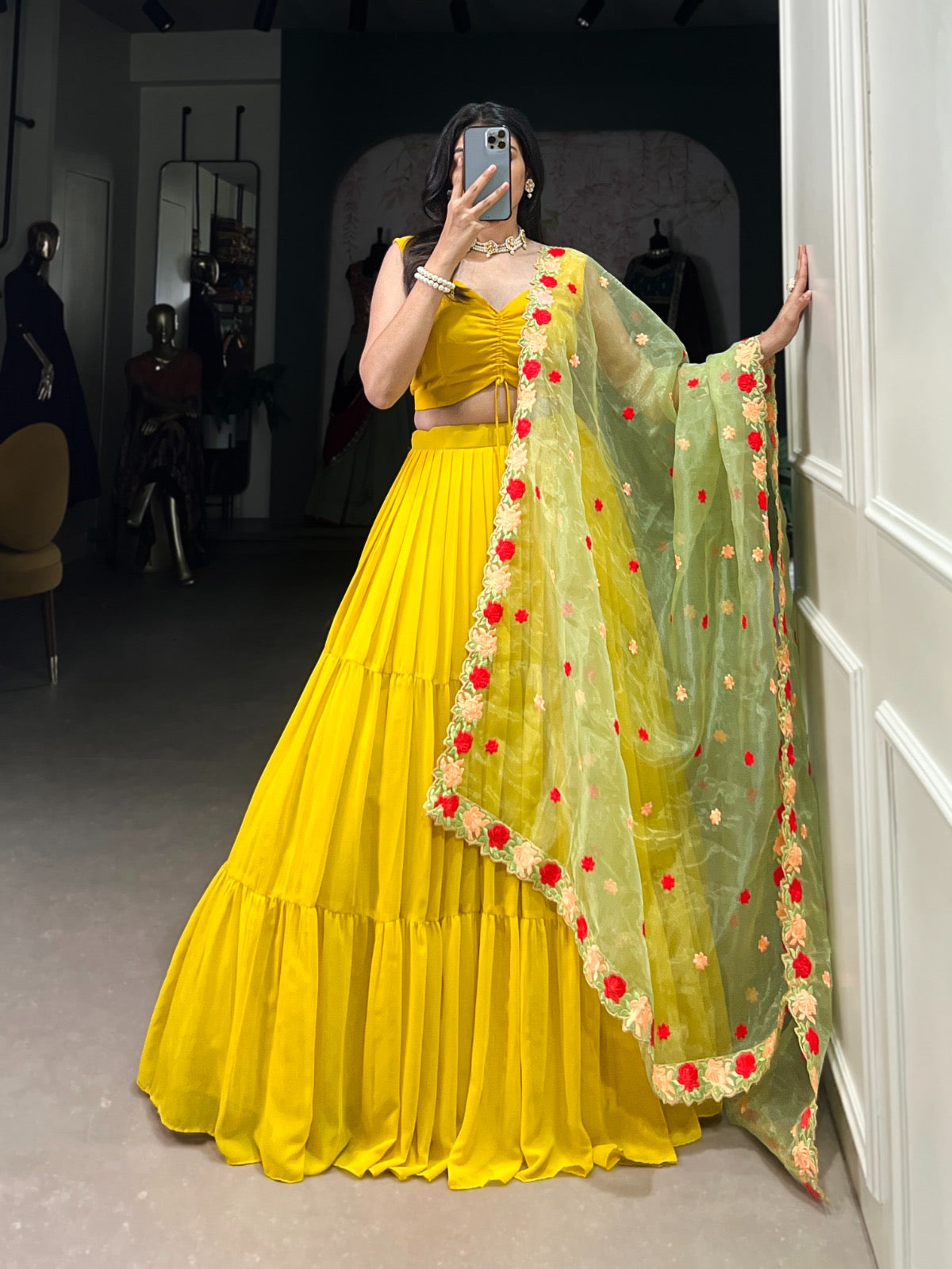 Haldi Special Mustard Yellow Soft Georgette Lehenga with Floral Dupatta