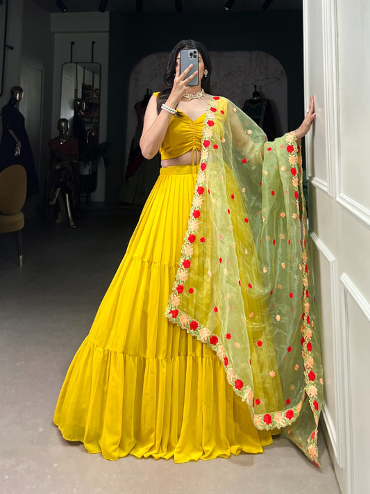 Haldi Special Mustard Yellow Soft Georgette Lehenga with Floral Dupatta