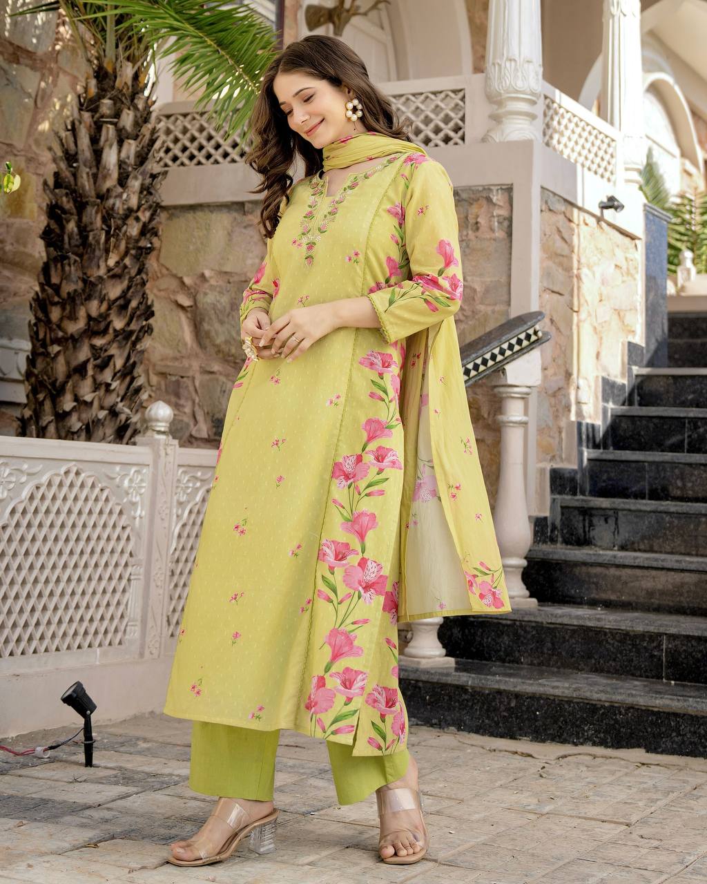 Lime Yellow Chanderi Cotton Soft Kurti Set