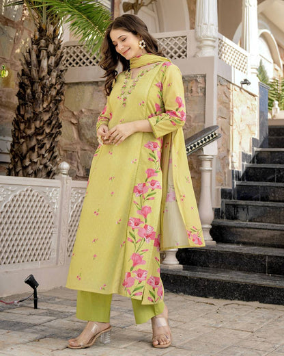 Lime Yellow Chanderi Cotton Soft Kurti Set
