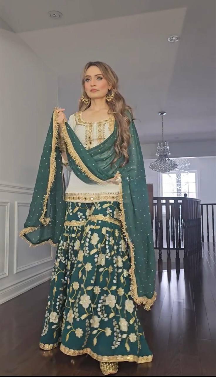 Green & White Punjabi Sharara set with Paper mirror work fully stitched