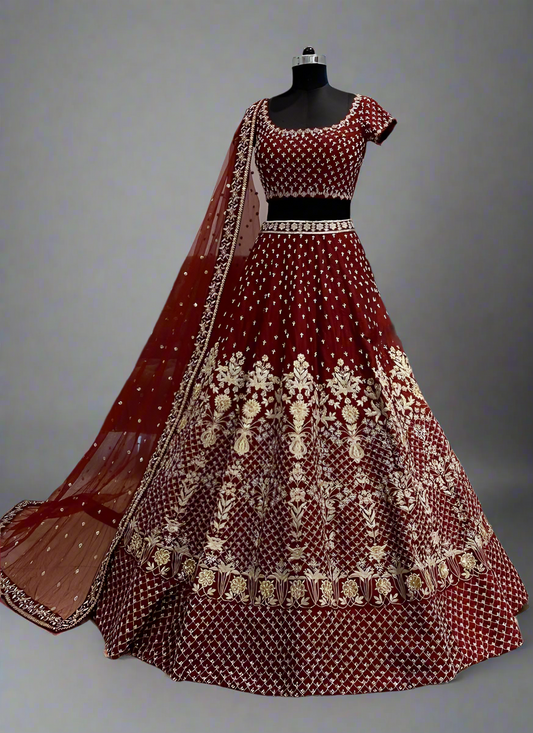 Dark Maroon Heavy Embroidered Tafeta Silk Fully Stitched Lehenga