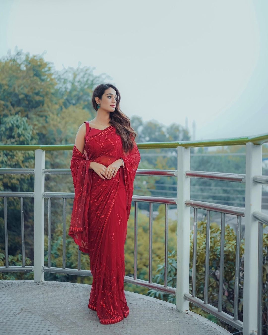 Cherry Red georgette saree of sequins work with fully stitched blouse