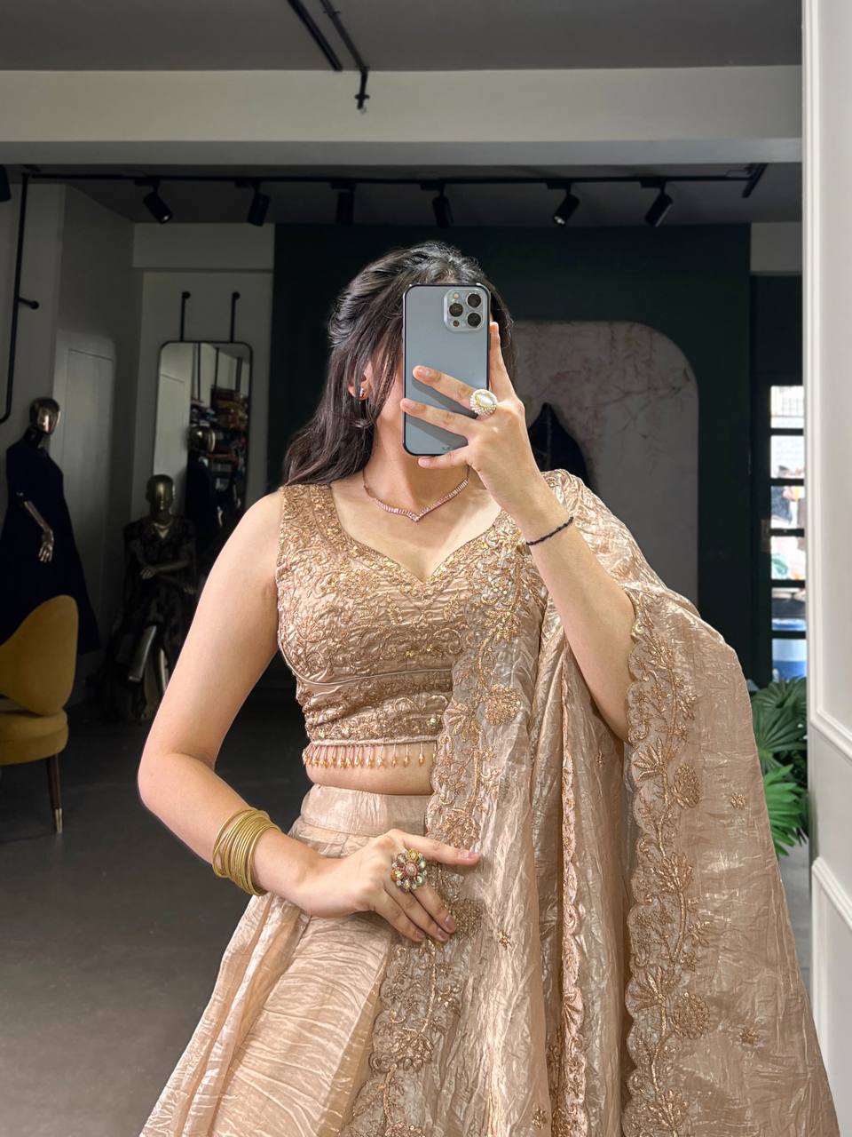 Copper Gold Shimmering Elegant Lehenga Fullt Stitched