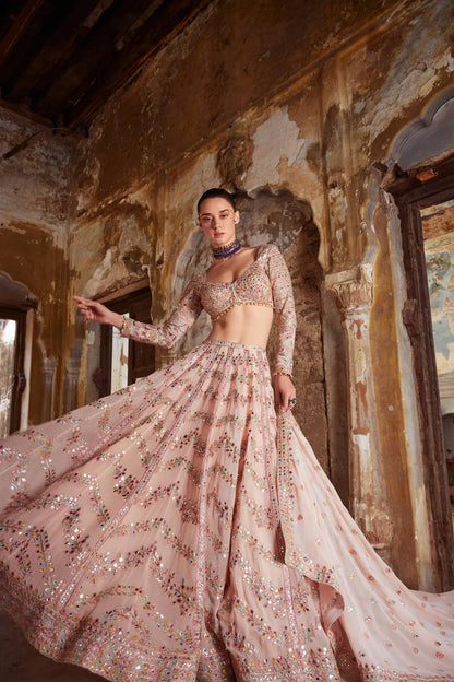 Peach Soft Georgette Embroidered Premium Lehenga