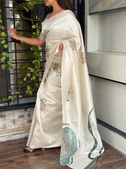 Pure Tusser Linen Saree Fluid Printed Design with Stitched Blouse Options