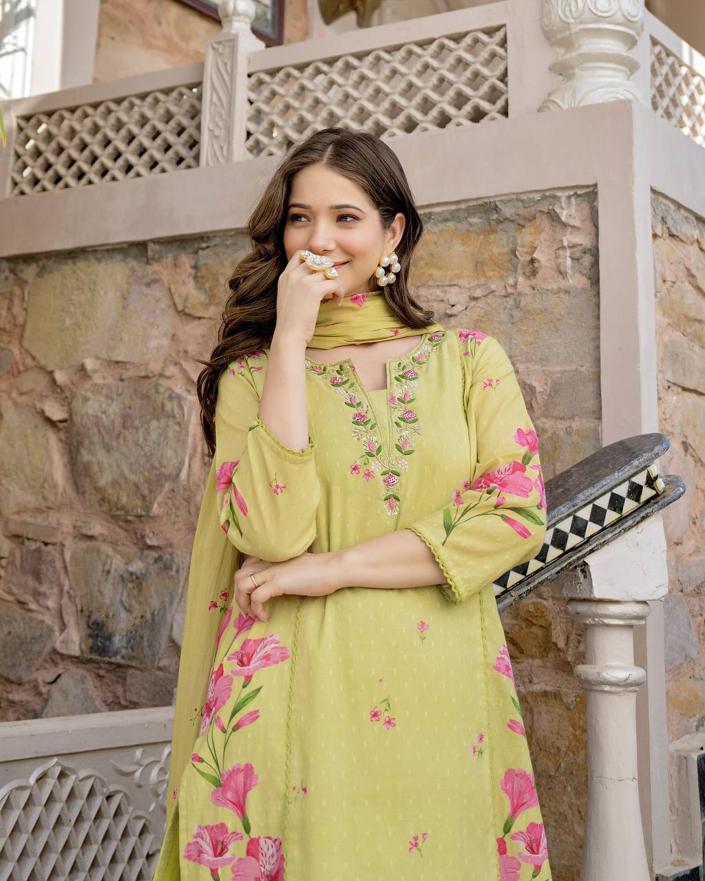 Lime Yellow Chanderi Cotton Soft Kurti Set