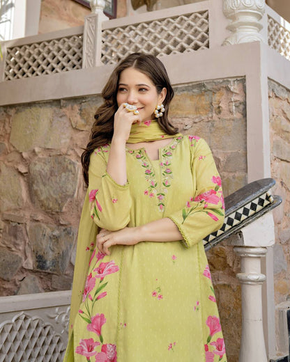 Lime Yellow Chanderi Cotton Soft Kurti Set