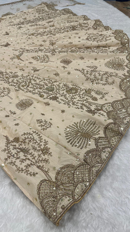 Aditi - Premium Silk Cream Heavy Embroidered Zari Lehenga Fully Stitched
