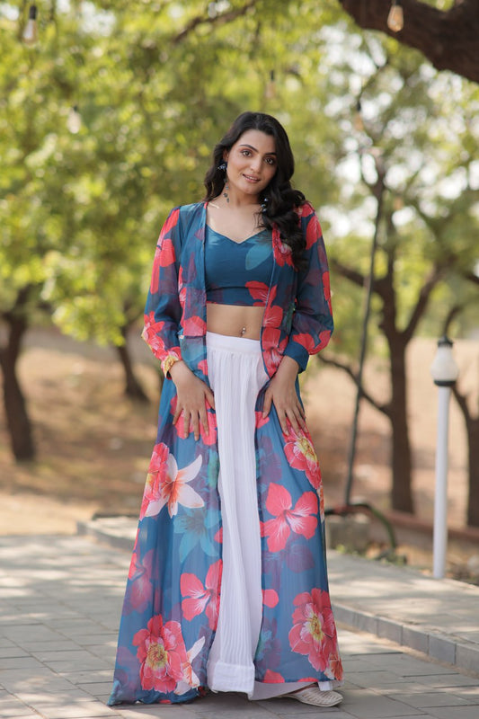 Faux Georgette Blue Lehenga with Shrug Style