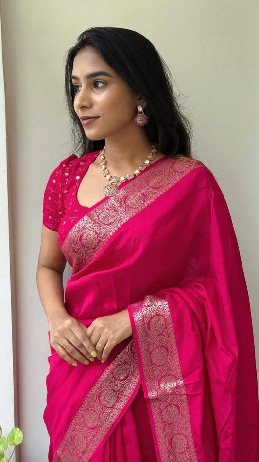 Vrinda - Soft Chinnon Silk Saree with Gold Zari Border & Stitched Blouse Options