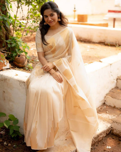 Off White Premium Banarasi Silk Saree with Stitched Blouse options