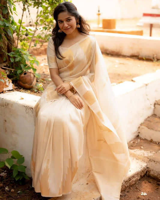 Off White Premium Banarasi Silk Saree with Stitched Blouse options