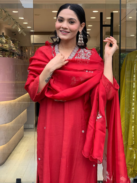 Cherry Red Beautiful Embroidery at Neck Kurti Set Fully Stitched