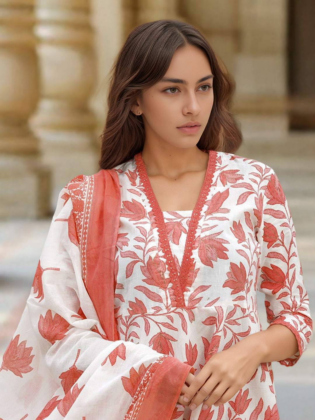 Orange & White Soft Cotton Floral Printed Kurti Set for all occasions